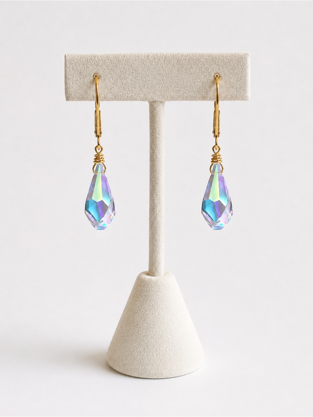 Handmade Swarovski AB Polygon Drop Earrings Gold Tone Leverbacks - Picture 3 of 5